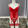 Red lace jumpsuit underwear set for women, shown as a one-piece bodysuit.