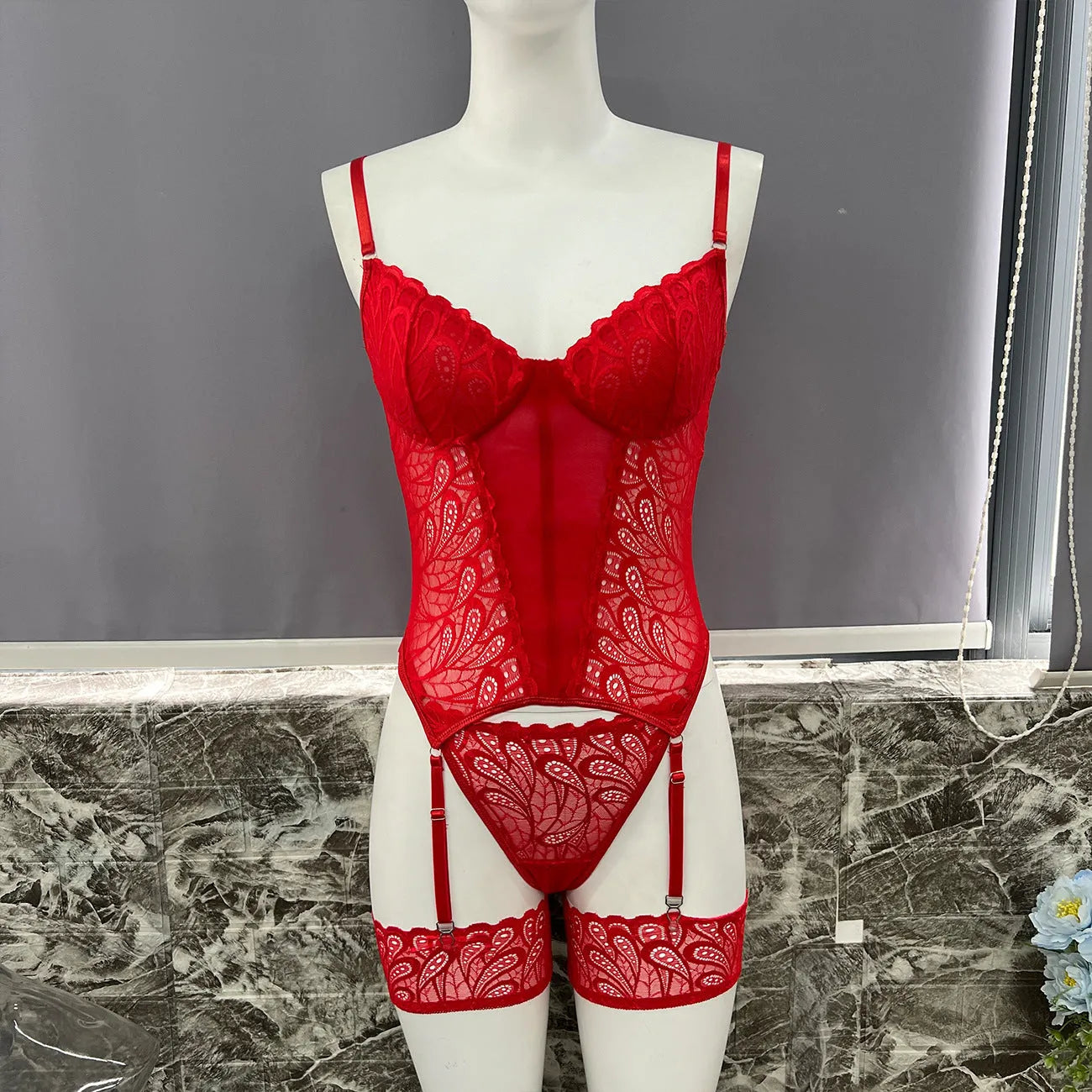 Red lace jumpsuit underwear set for women, shown as a one-piece bodysuit.