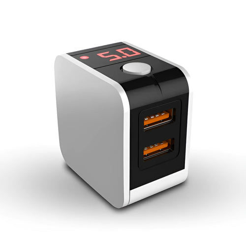 Black 5V2A dual USB wall charger with digital display screen, showing charging percentage, next to a UK 3-pin plug.
