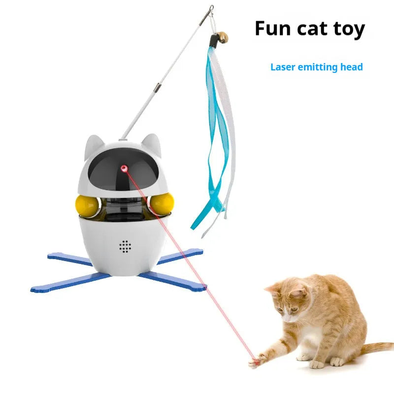 White automatic electronic cat toy with moving stick and elastic rope for indoor feline entertainment