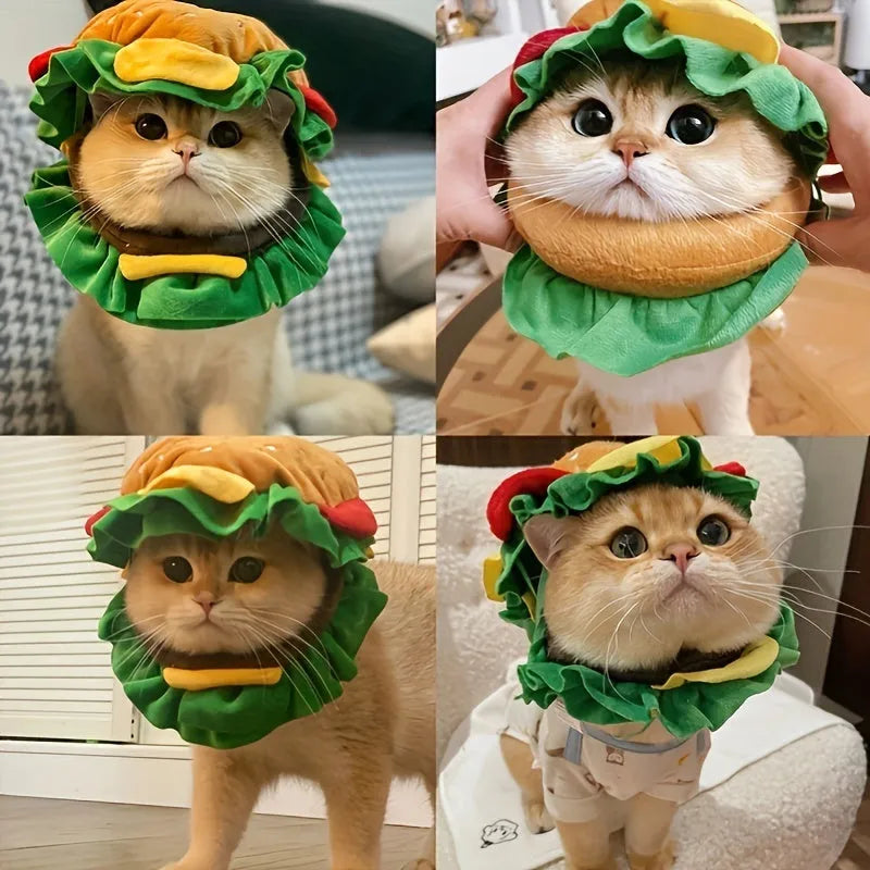 Yellow burger bun hat with green lettuce trim for cat costume wear