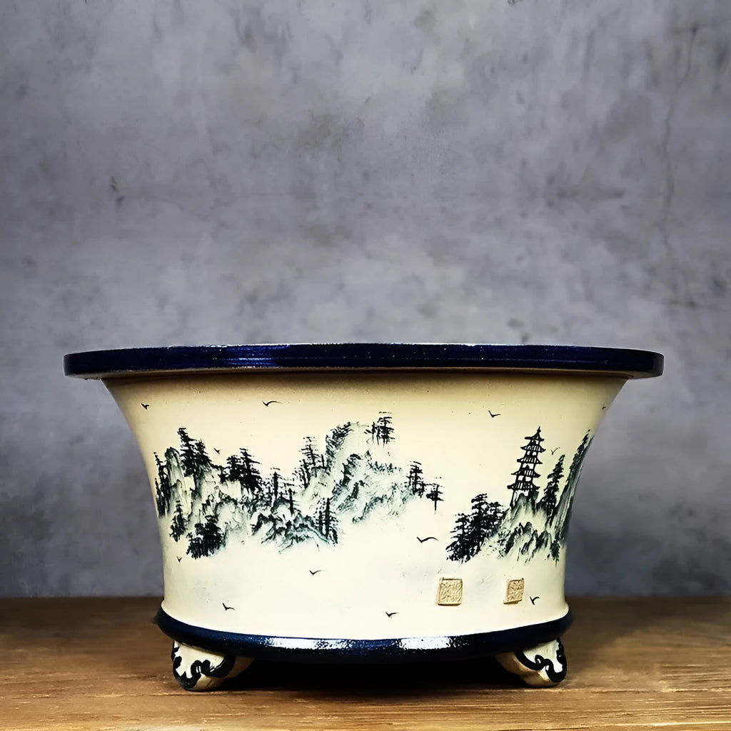 Lingnan Shiwan hand painted glazed ceramic flower pot with landscape decoration in High Mountains pattern