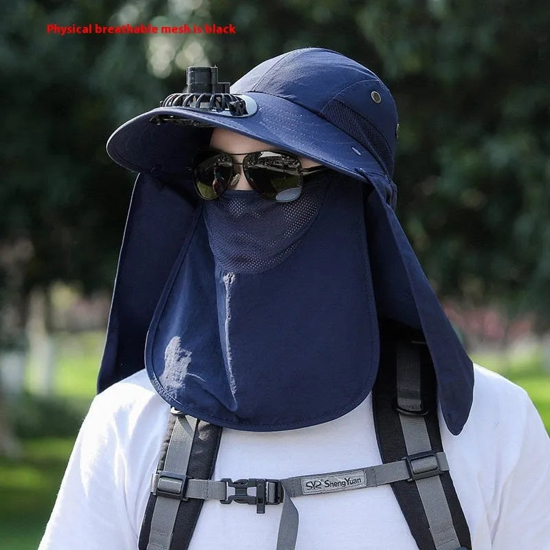 Men's khaki sun hat with USB rechargeable fan and attached face covering shawl for outdoor protection