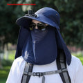 Men's khaki sun hat with USB rechargeable fan and attached face covering shawl for outdoor protection