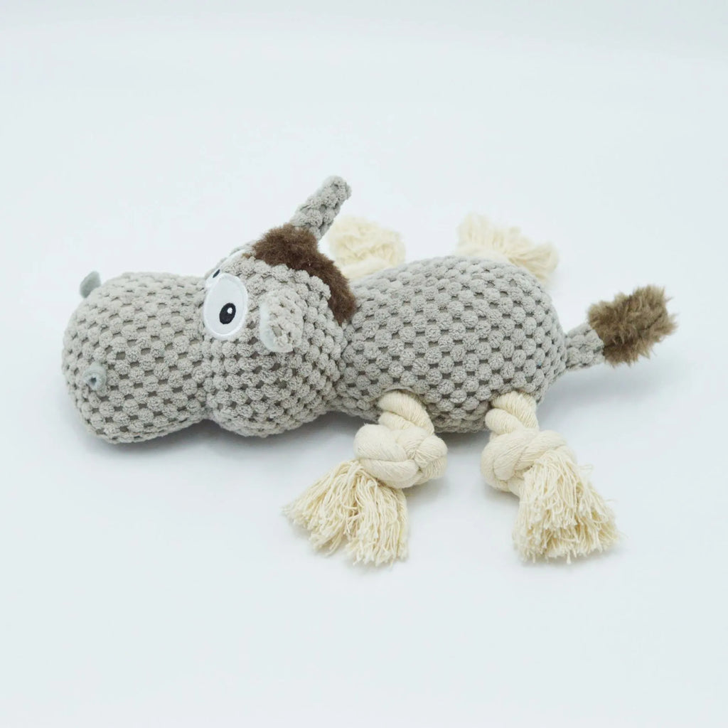 Grey donkey plush dog toy with creak sound mechanism, measuring 27×20×9.5 cm