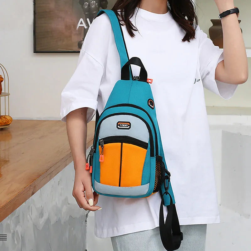 Women's multifunctional Oxford cloth backpack with USB design, medium size, vertical square shape, colour block finish