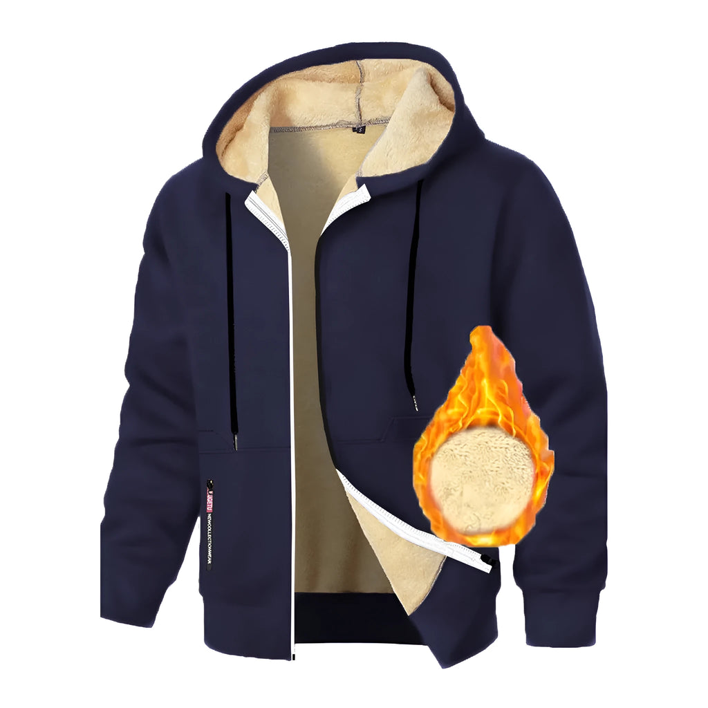 Men's cashmere hoodie thickened zipper coat in dark gray with hood, full zip, and long sleeves on a model