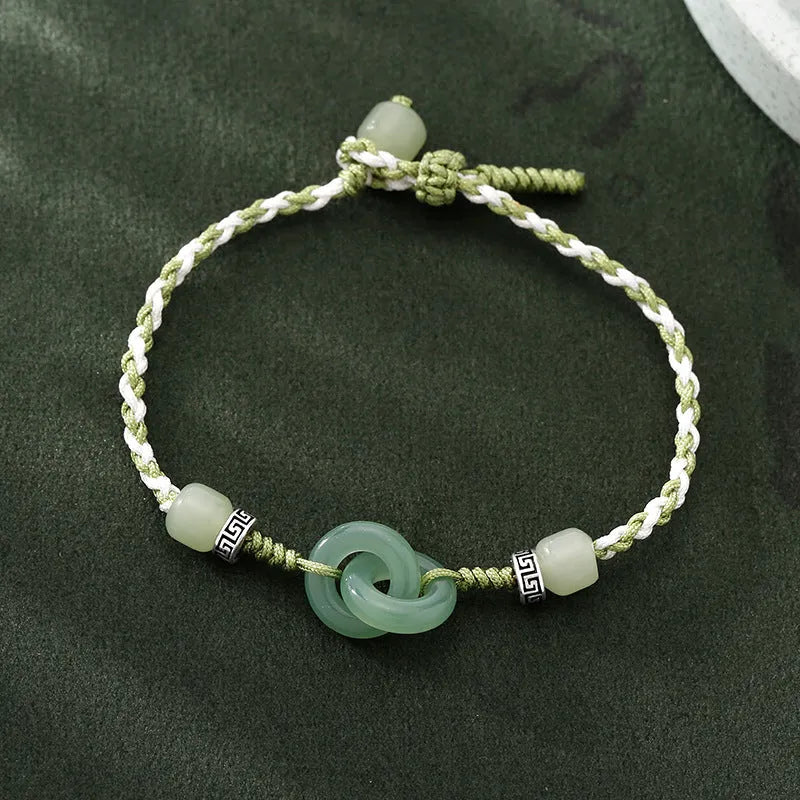 Jade green double ring women's bracelet with peace buckle weaving on copper base