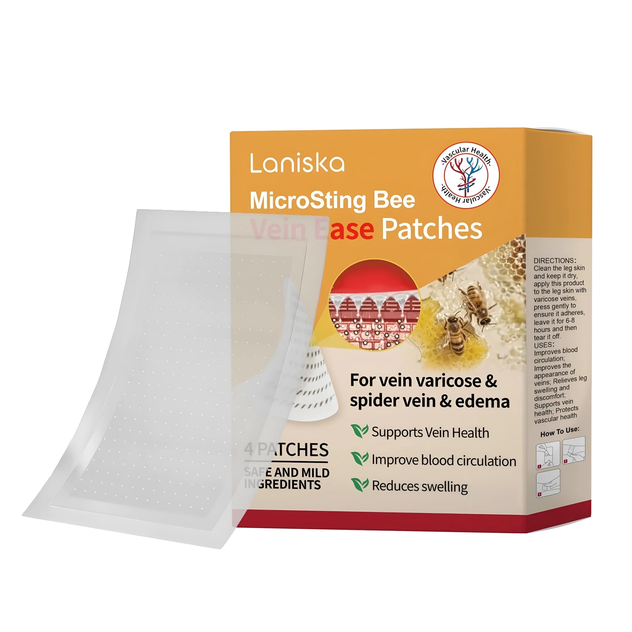 Four varicose vein microneedle patches with ginger and panthenol ingredients in individual packaging