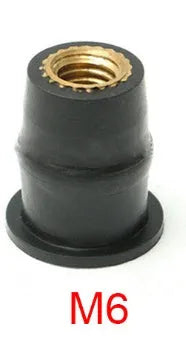 Black brass and rubber expansion well nuts for motorcycle windshield mounting in M4, M5, and M6 sizes.