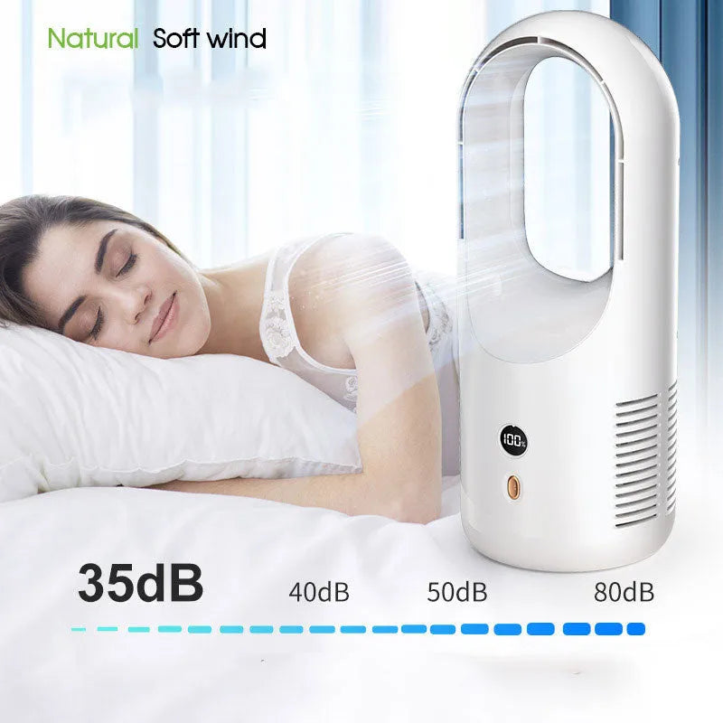 X28 Vaneless bladeless desktop fan with USB port and LED display on a desk