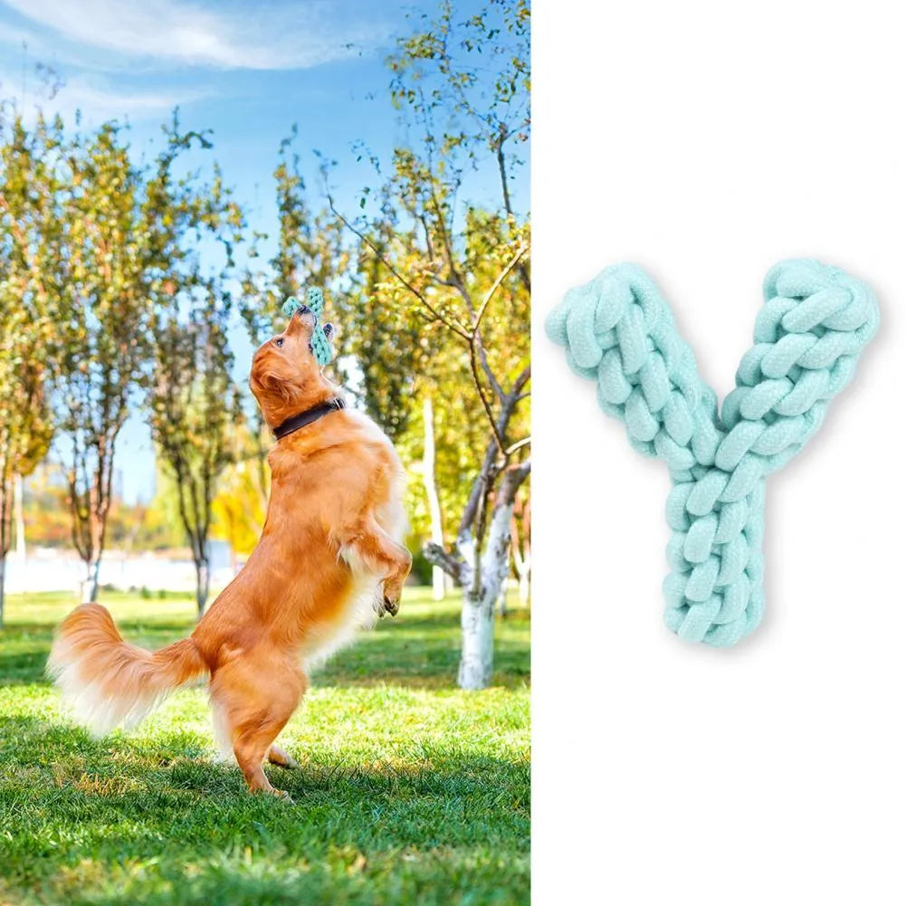 Blue Y-shaped cotton rope dog chew toy for large dogs on a white background