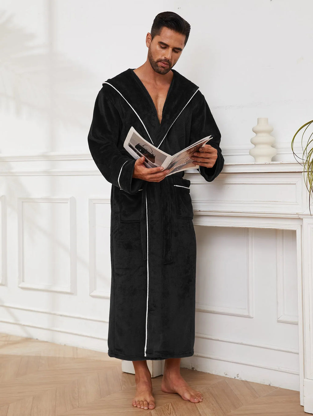 Men's flannel bathrobe pyjamas in light grey, dark blue, black colours with European American style sizing