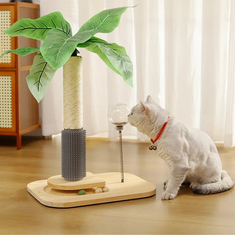Natural canna coloured wooden cat scratching post with sisal rope and a dangling white ball toy on a grey carpet