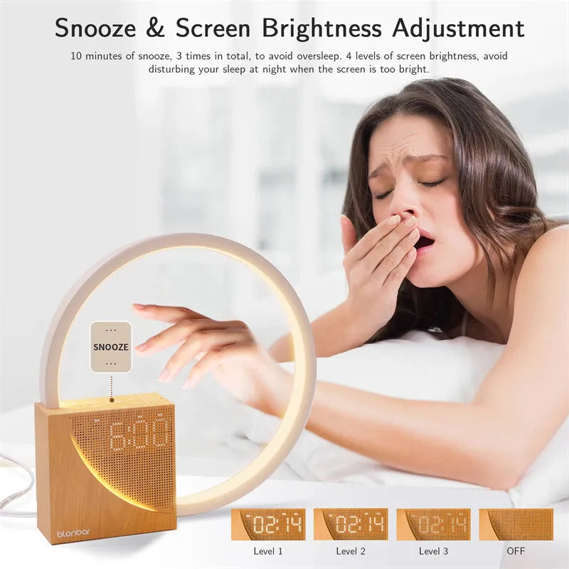 Navy blue touch bedside lamp with digital alarm clock display and natural sounds functions