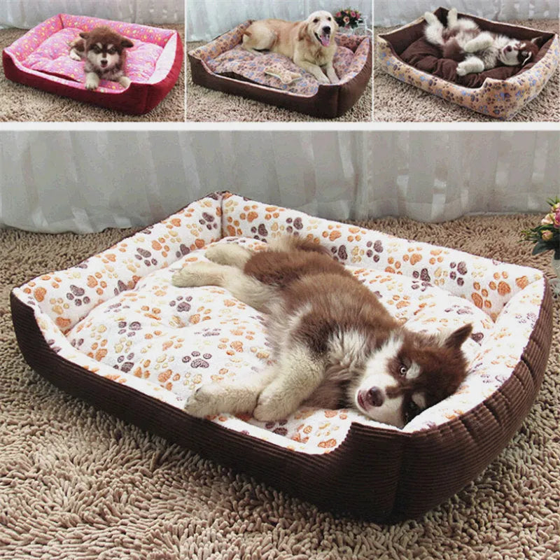 Beige sofa-style plush pet bed for small dogs with raised basket edges on a wooden floor.