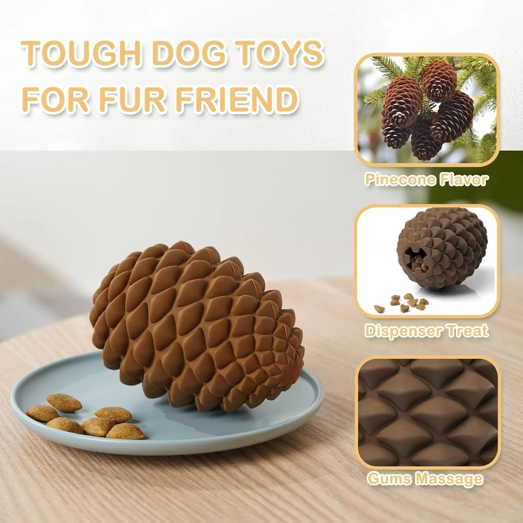 Yellow pine cone shaped natural rubber dog chew toy with treat dispensing feature