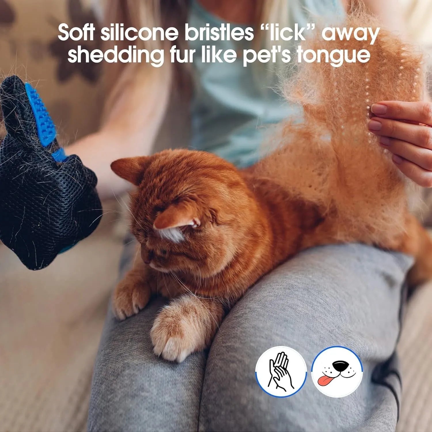Blue pet grooming glove with silicone tips for shedding removal and gentle massage.