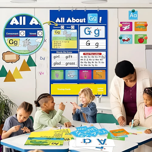 Alphabet learning chart for children with word cards, letter cards, and picture cards laid out.