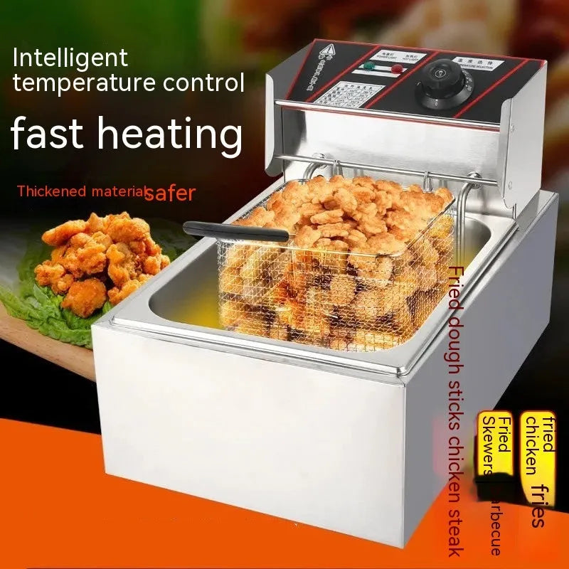 Commercial stainless steel deep frying pan with temperature control dial and frying basket
