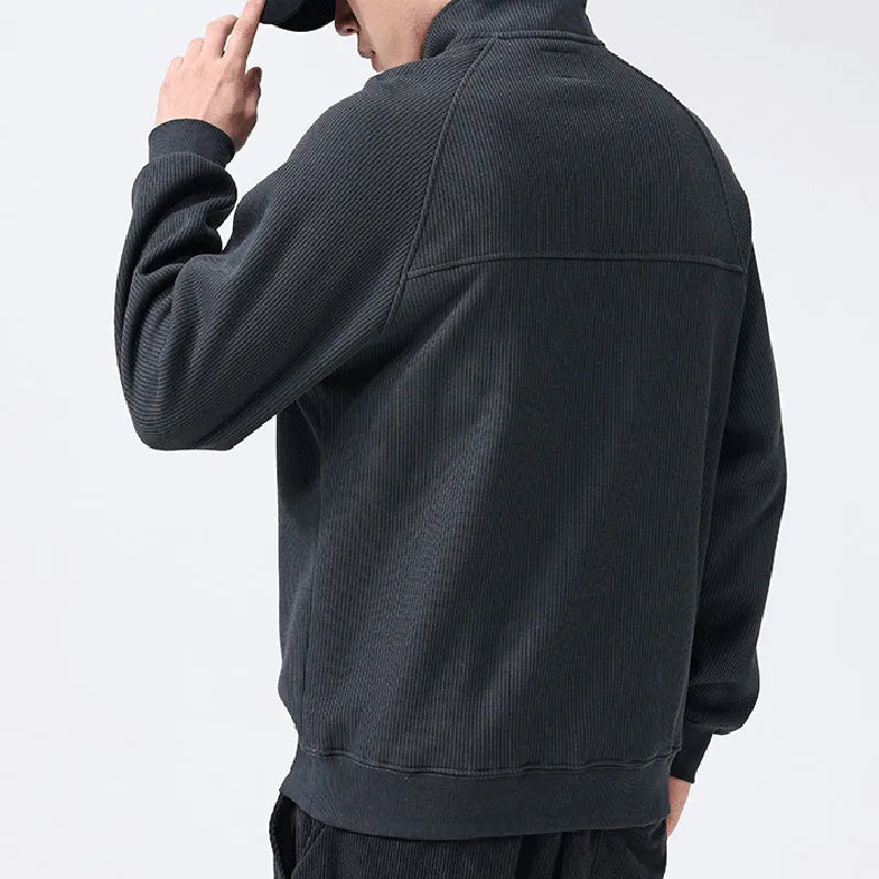 Men's stand-collar fleece sweatshirt in army green with long sleeves, front view