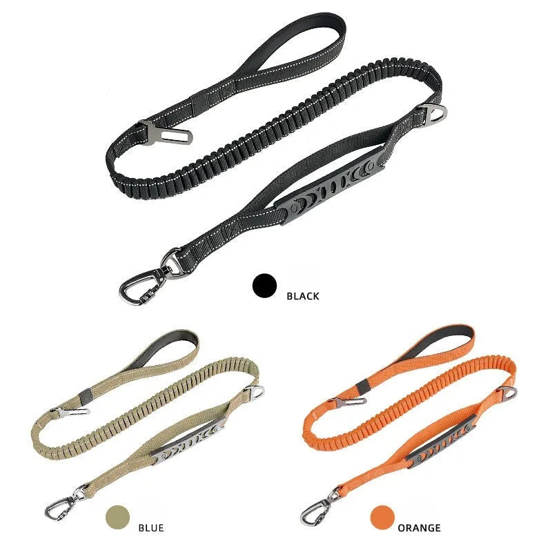 Retractable reflective dog leash with rope-buffered handle in black, orange and khaki colour options