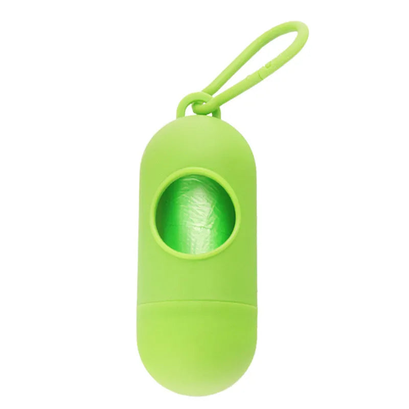 Compact dog poop bag holder with side hook and Velcro base, shown in assorted colours