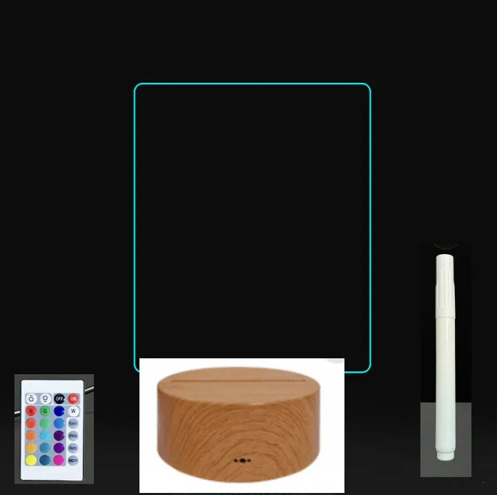 3D acrylic LED message board with touch control, black ABS base, USB cable, and stylus pen on desk