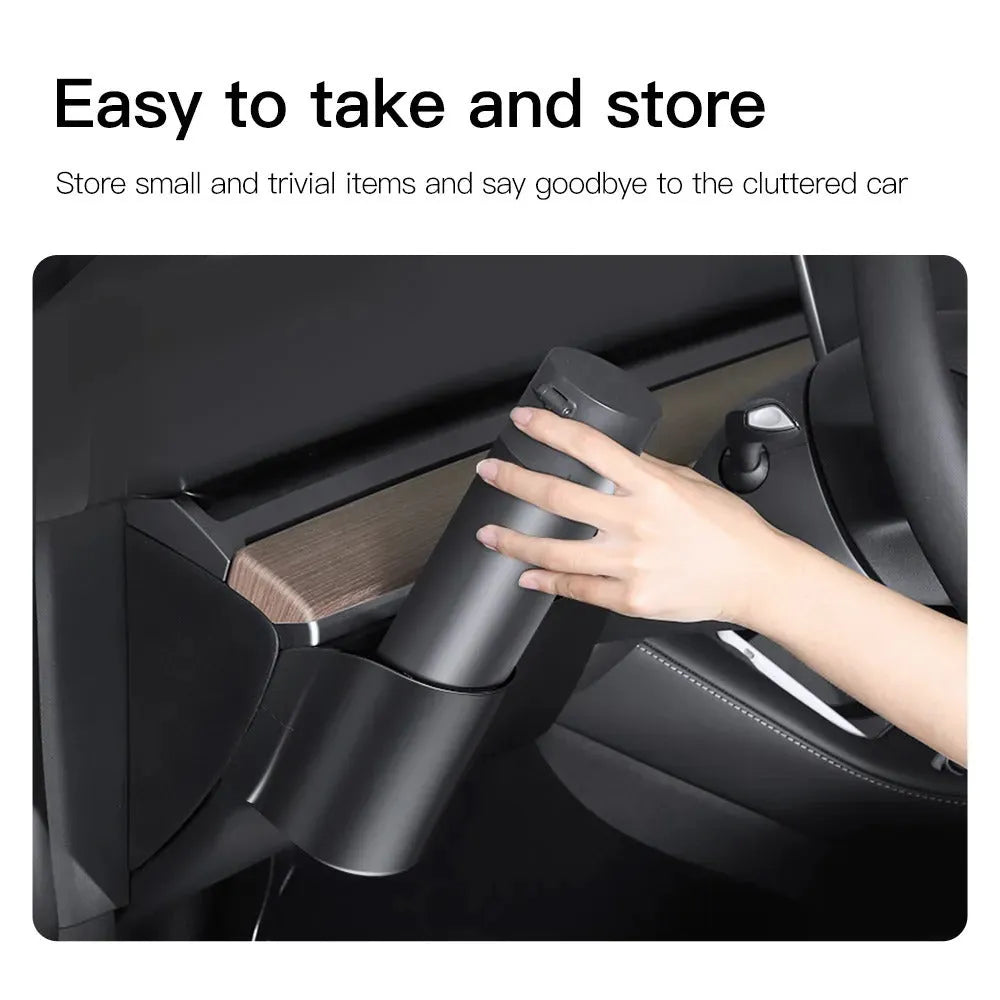 Plastic dashboard cup holder with handle for Tesla Model 3 and Model Y.