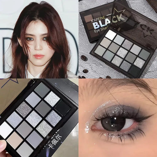 15-colour eyeshadow palette showing grey, black, brown and blue matte and shimmer shades