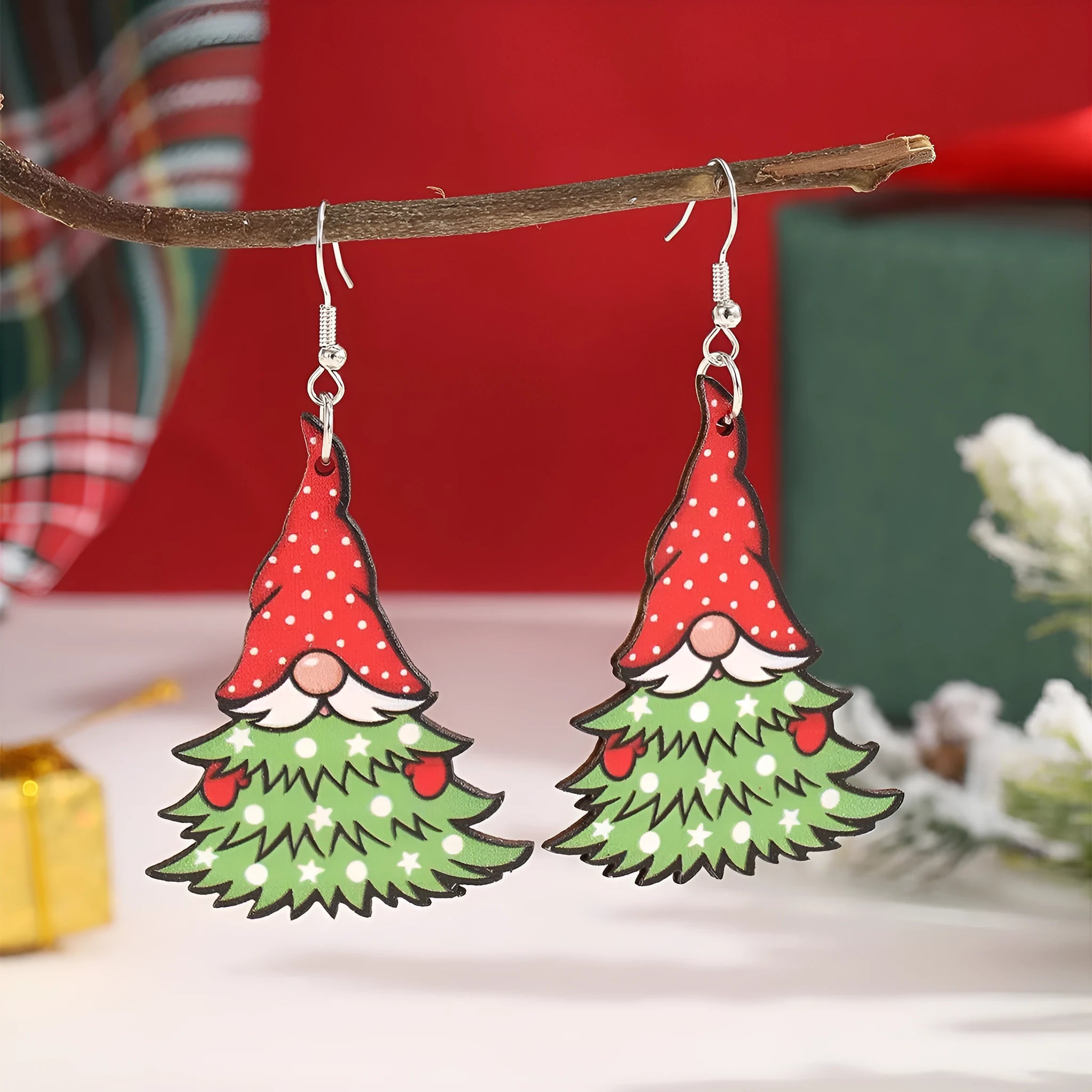 Wooden Christmas earrings with printed Santa Claus and geometric designs in Christmas tree and snowman styles