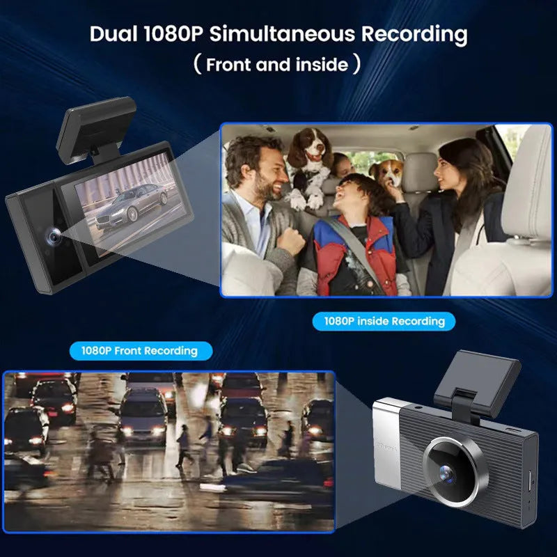 WIFI driving recorder with three lenses, 3-inch screen, and mobile phone app connection