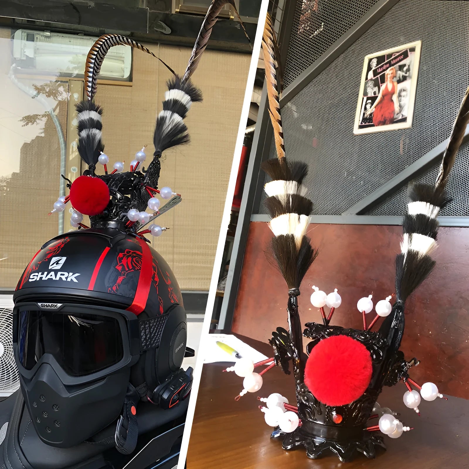 Black crown and long feather decoration for customising a motorcycle helmet.