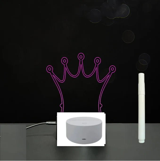 3D acrylic LED message board with touch control, black ABS base, USB cable, and stylus pen on desk