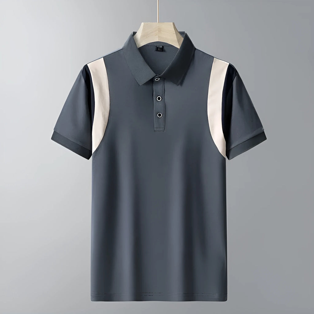 Man modelling a grey striped cotton business t-shirt with a lapel neckline and short sleeves.
