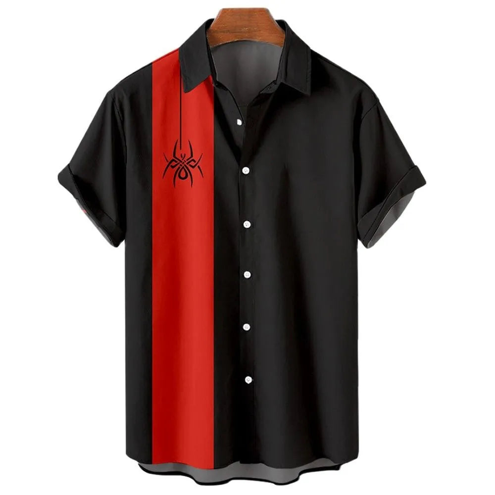Man wearing a stripe pattern short sleeve Hawaiian-style cardigan shirt in a solid colour.