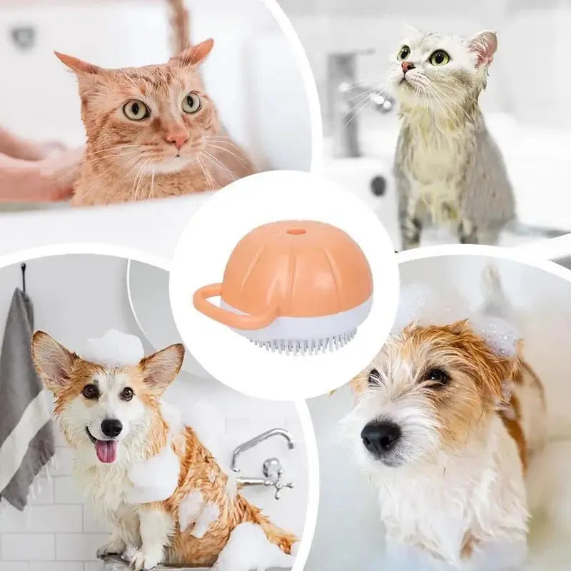 Orange TPR dog bath brush with shampoo dispenser and massage bristles