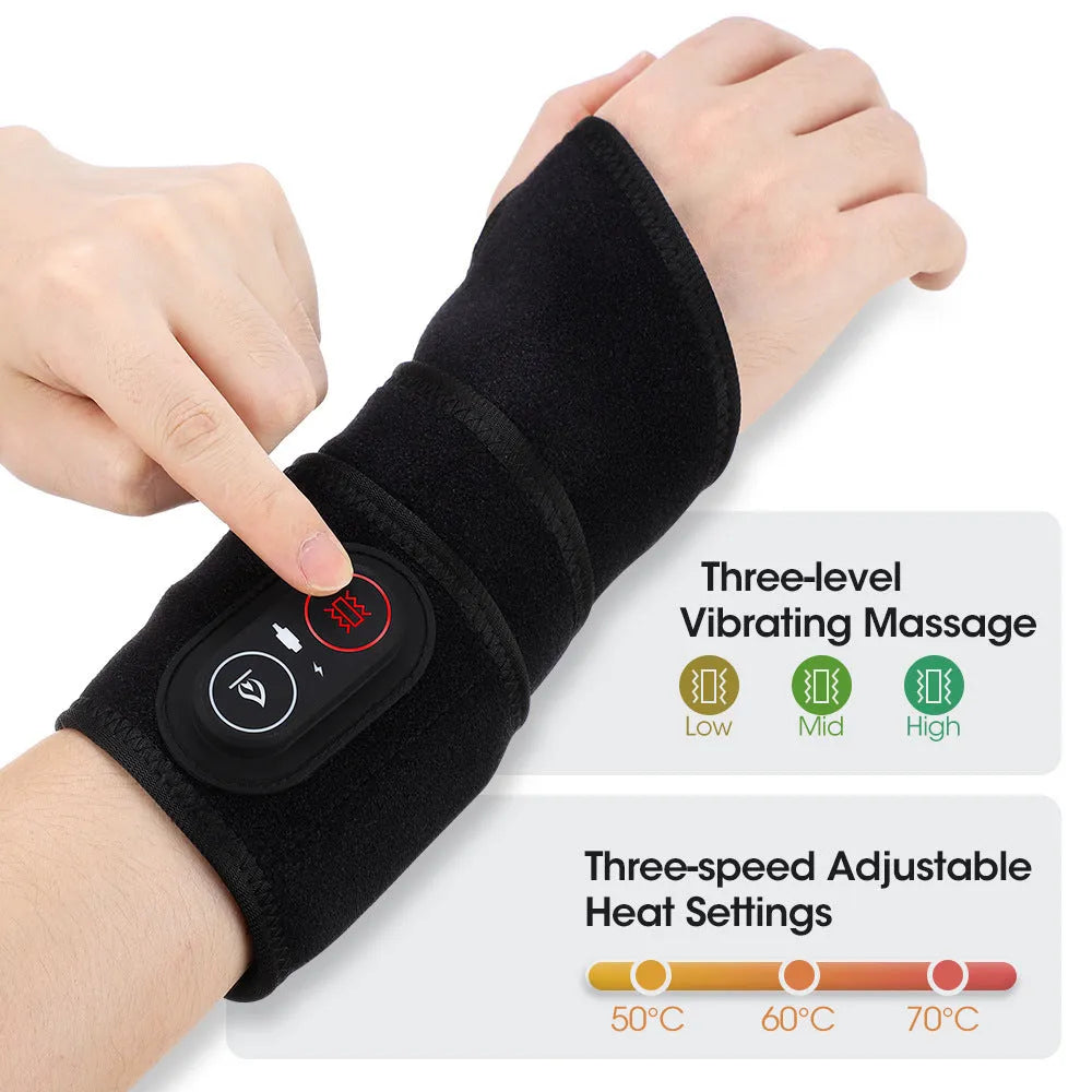 Black red light heat wrist massage strap with 36 LED beads and vibration function on a plain background