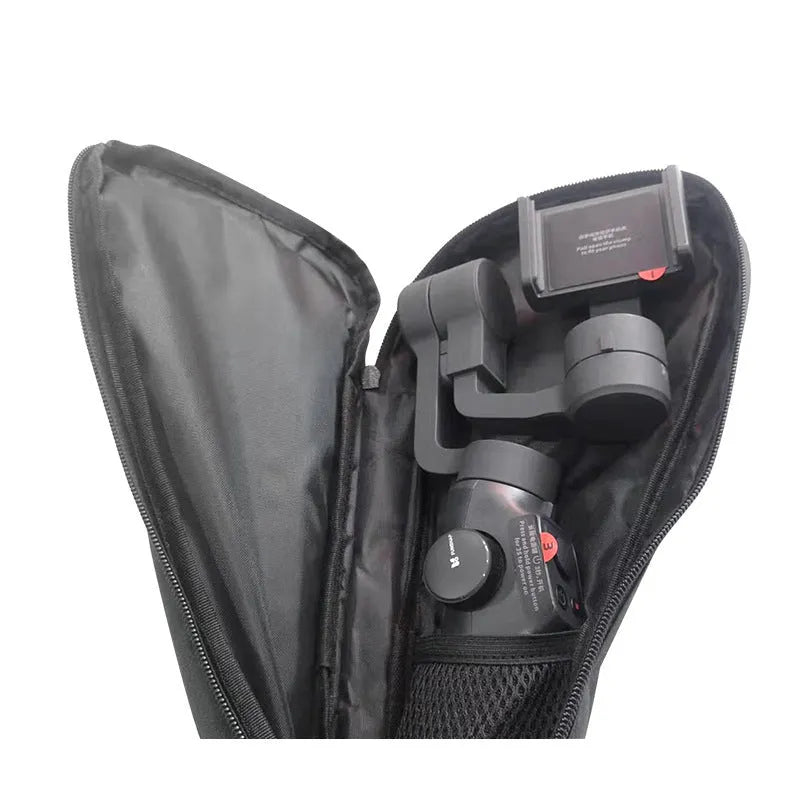 Black water-resistant cloth storage bag for a mobile phone gimbal, shown open with mesh pockets inside.