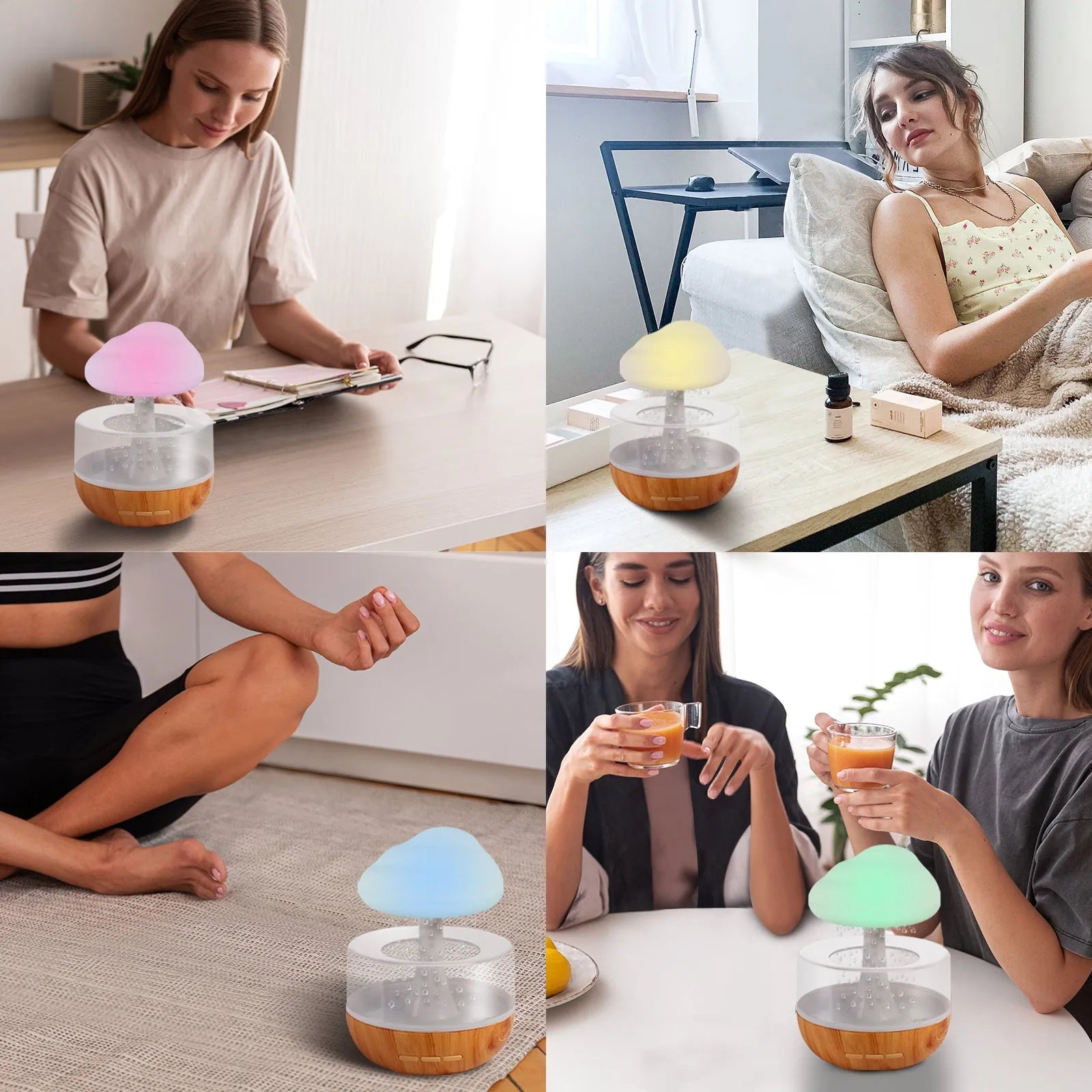 White cloud-shaped humidifier and essential oil diffuser with coloured mood light on.