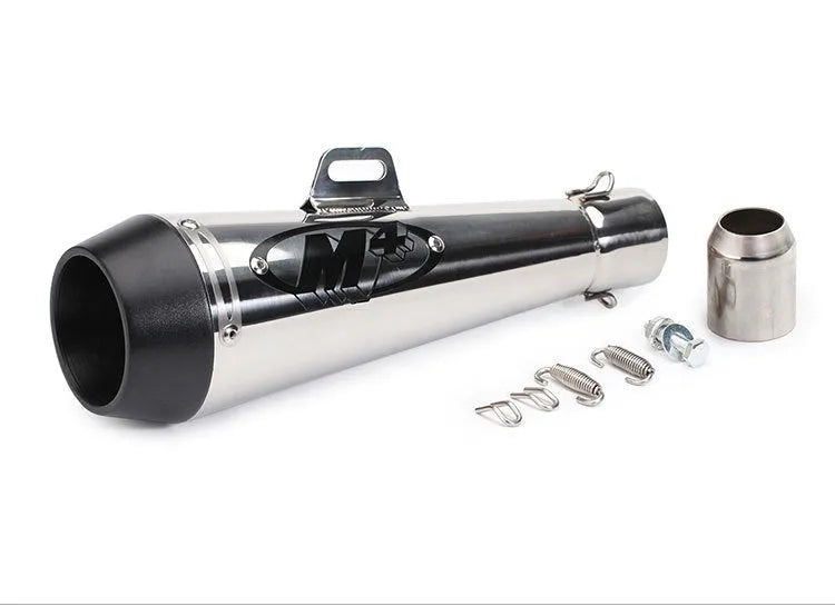 M4 universal motorcycle exhaust pipe in black, titanium, and blue finishes for large displacement bikes