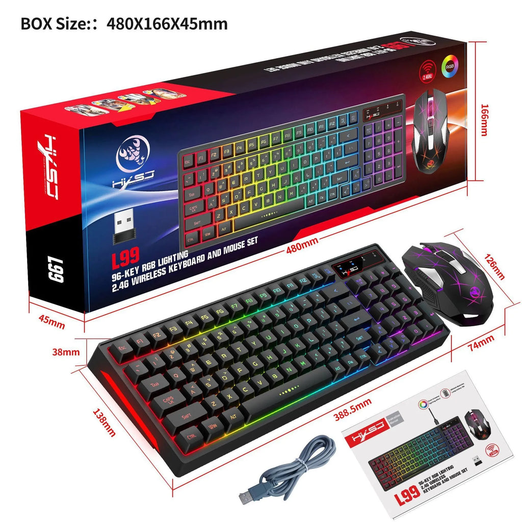 L99 wireless rechargeable 2.4G keyboard and mouse set with RGB lighting, 96 keys, and Type-C charging cable