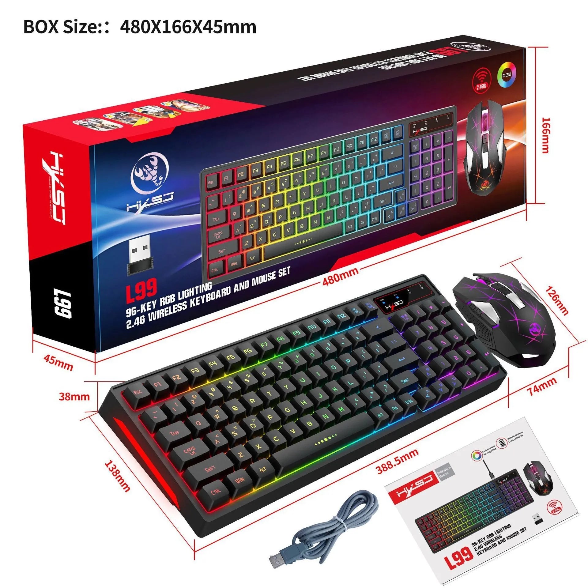 L99 wireless rechargeable 2.4G keyboard and mouse set with RGB lighting, 96 keys, and Type-C charging cable