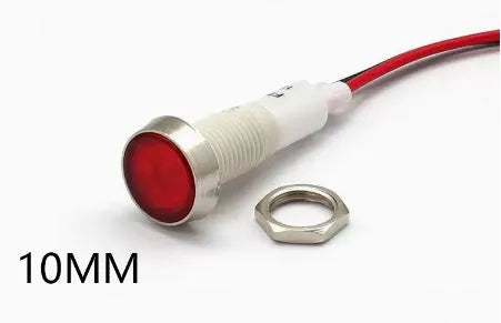 10mm diameter stainless steel edge plastic indicator light with wire in multiple colour options.