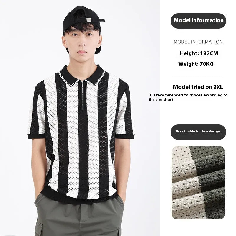Man modelling a black and white striped short sleeve viscose sweater with a small front zipper detail.