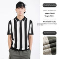 Man modelling a black and white striped short sleeve viscose sweater with a small front zipper detail.