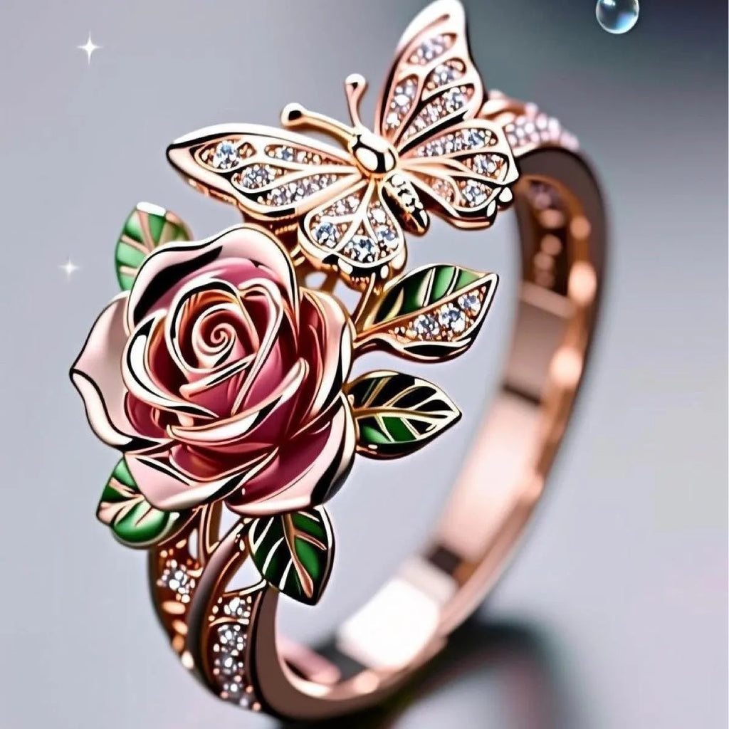 Adjustable fairy style ring with colourful oil drip butterfly and rose design on alloy metal