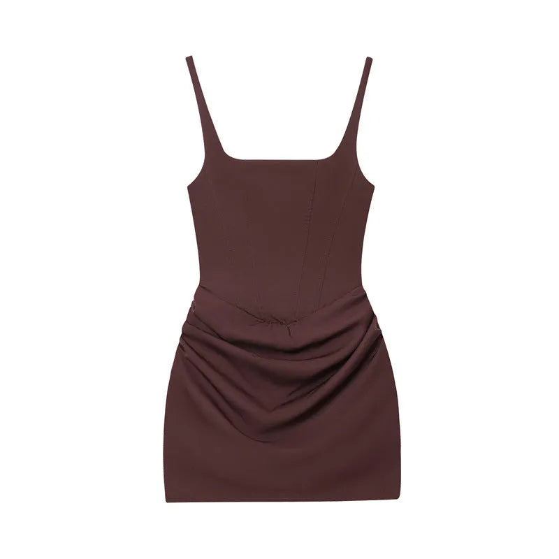 Mercerised cotton hooded sleeveless sheath dress in brown with stripe and plaid pattern and pleated asymmetric hem front view