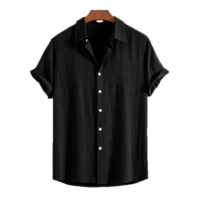 Men's loose short sleeve cardigan in solid colour on a hanger