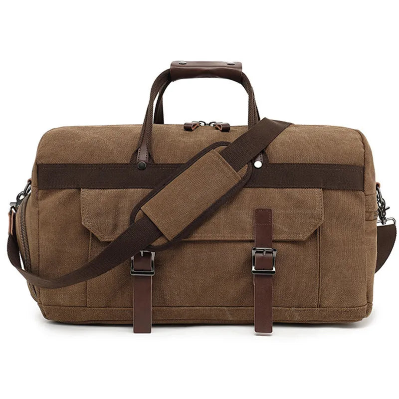 Large capacity crossbody travel bag in canvas material with sewing line details and polyester lining